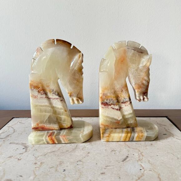 Vintage Horse Head Bookends Carved Onyx Marble Academia MCM Chess Knight PAIR - Picture 4 of 11